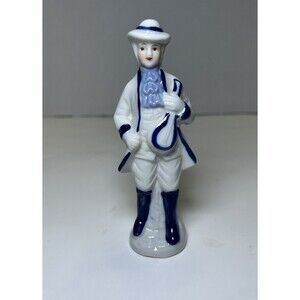 Vintage Victorian/Colonial Porcelain Man Playing Instrument Figurine White/Blue